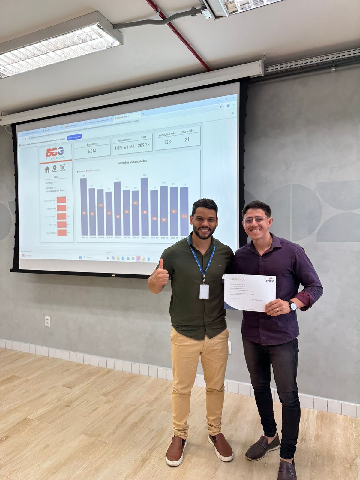 Aluno segurando certificado ao lado do instrutor
